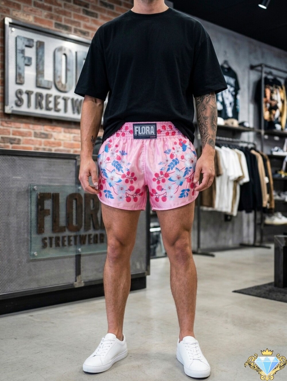 ROMWE Men’s Floral High-Waist Side-Split Shorts Pink Summer Streetwear Large
